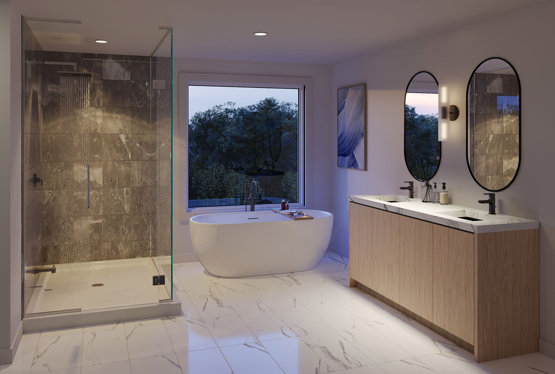 The Attersley Phase 1 Single Detached Home Model 4: The Mayoral’s principal ensuite, featuring the tiled walk-in shower with pot light and luxurious freestanding bathtub