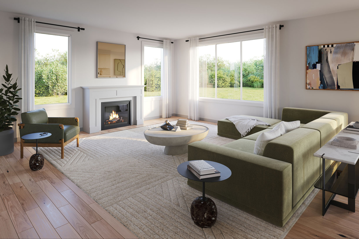 The Attersley Phase 1 Single Detached Home Model 5: The living room in our largest model type, The Olympian, featuring included fireplace